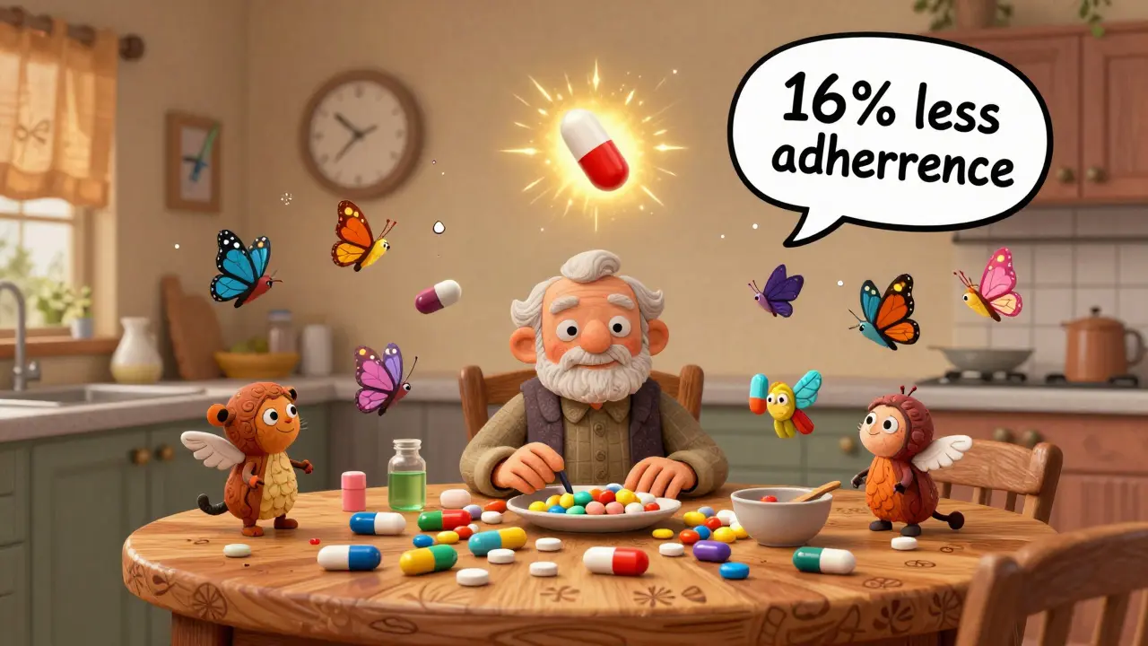 Elderly person surrounded by floating, confused pills while a glowing FDC pill hovers peacefully above.
