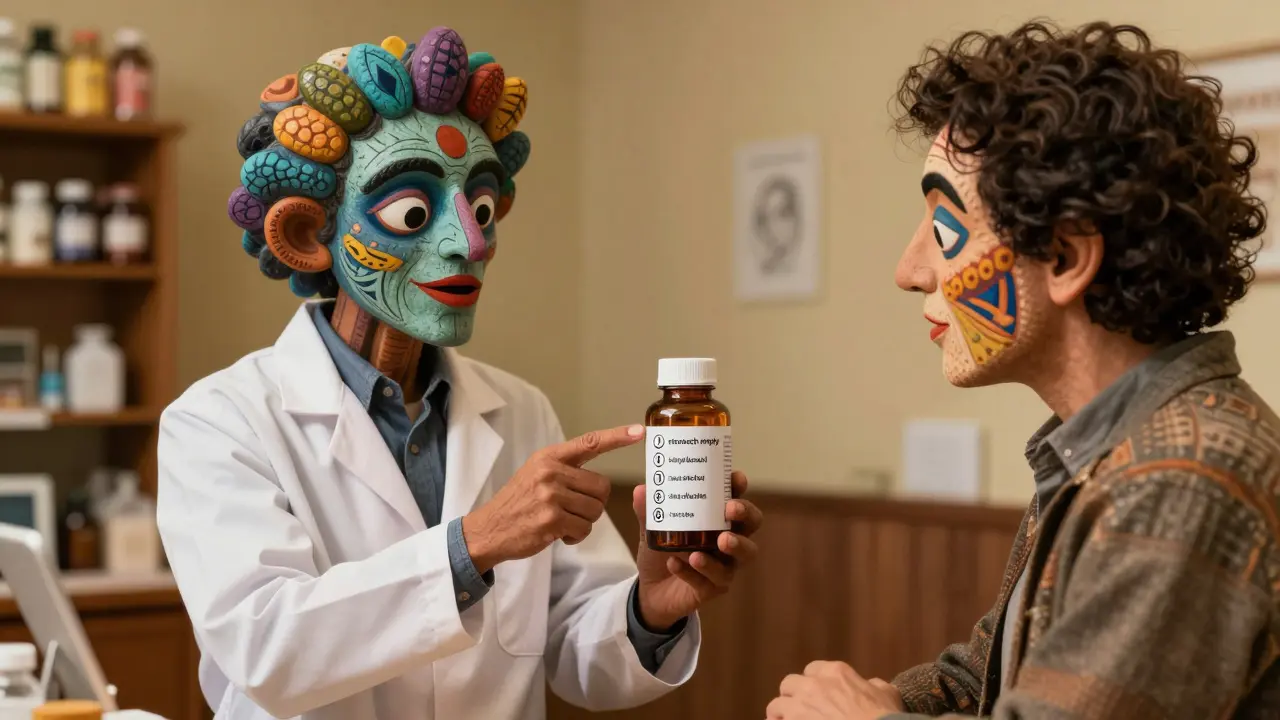 Farmacista e paziente che discutono simboli di avvertimento su etichetta di medicinale.