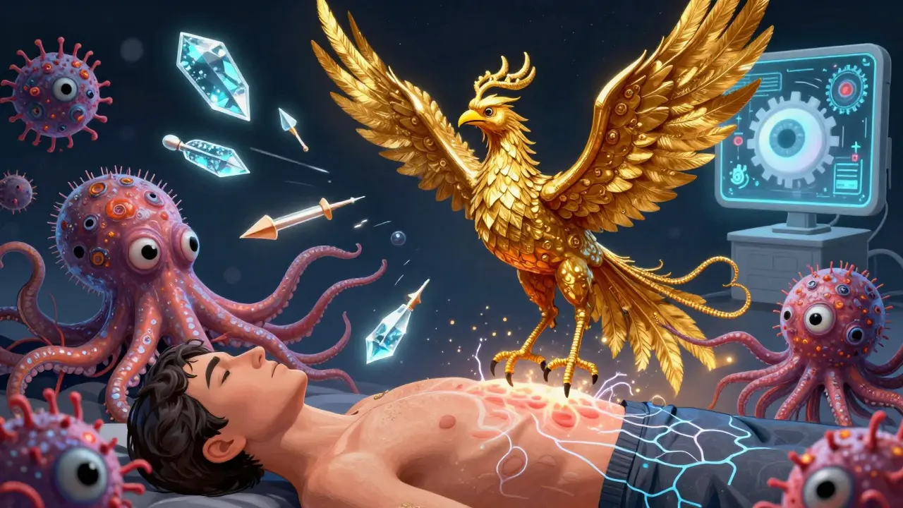 Fenice dorata che combatte cellule tumorali a forma di polpo, con anticorpi e scanner AI nell'aria, simbolo dell'immunoterapia.