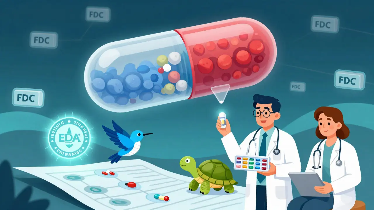 Layered adaptive FDC capsule above a color-coded pill organizer with mythical creature designs.