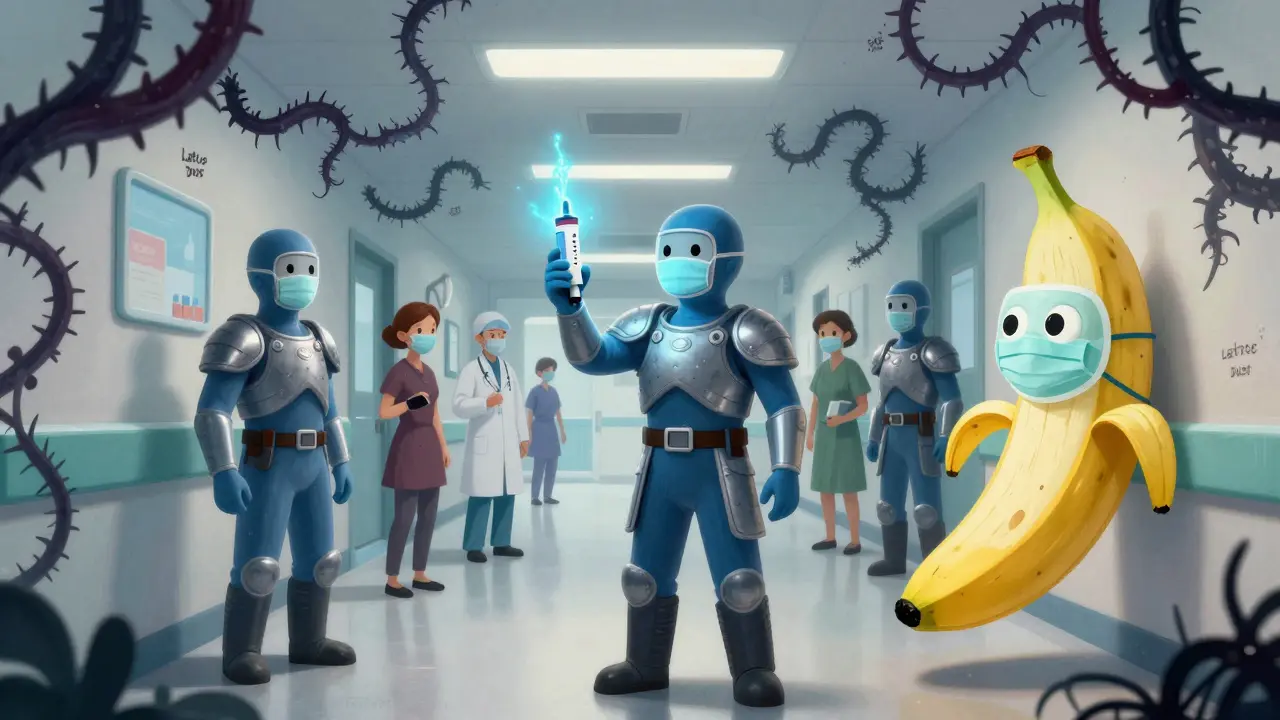 Operatori sanitari in armatura non in lattice mentre evitano viti di polvere di lattice in un ospedale magico.