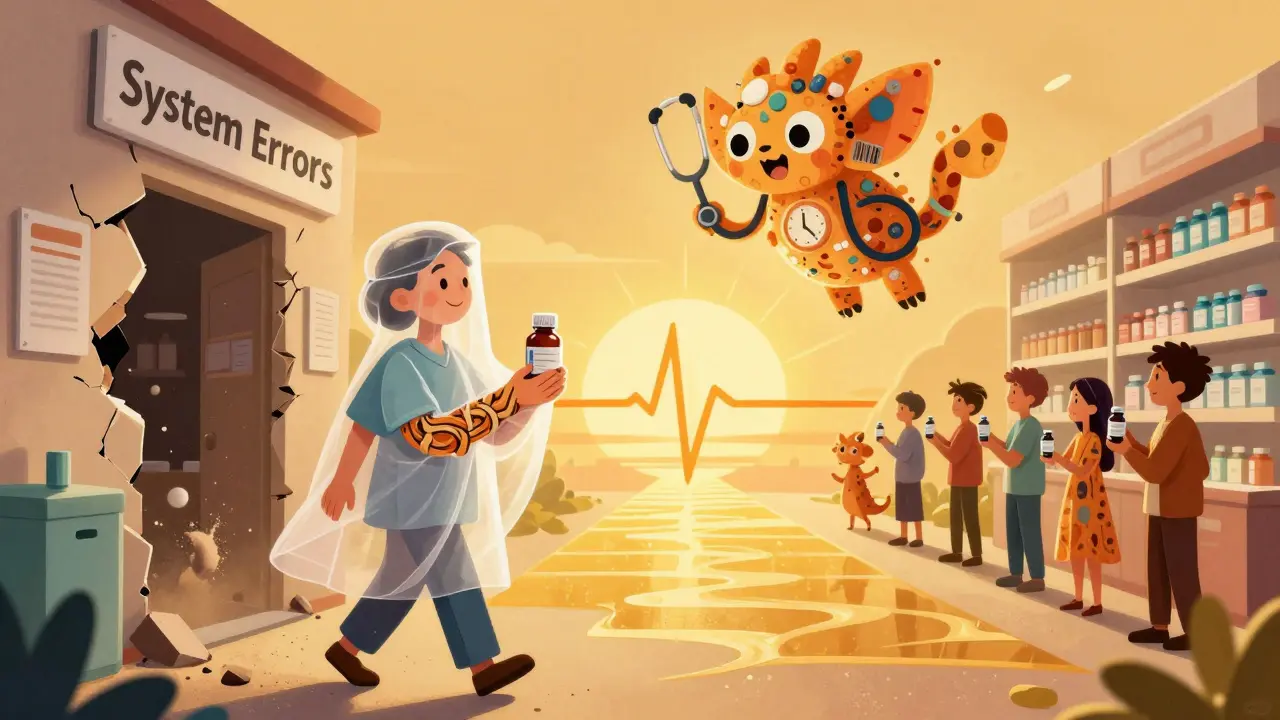 Paziente che esce dalla farmacia protetto da mani intrecciate, con un animale mitico che lo guarda con approvazione.