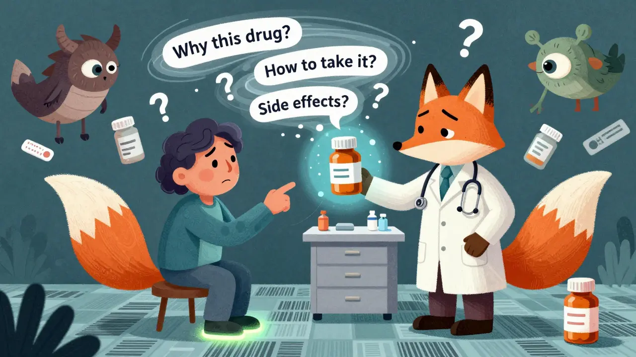 Paziente e farmacista che confrontano una prescrizione con un'immagine digitale sovrapposta, animali magici intorno.