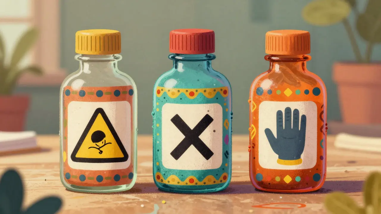 Tre bottiglie di medicinali con simboli Alebrije, ciascuno con avviso diverso.