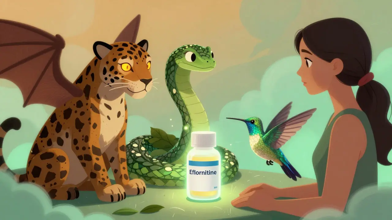 Tre creature alebrije che rappresentano farmaci antiandrogeni, circondano una crema che riduce i peli facciali.