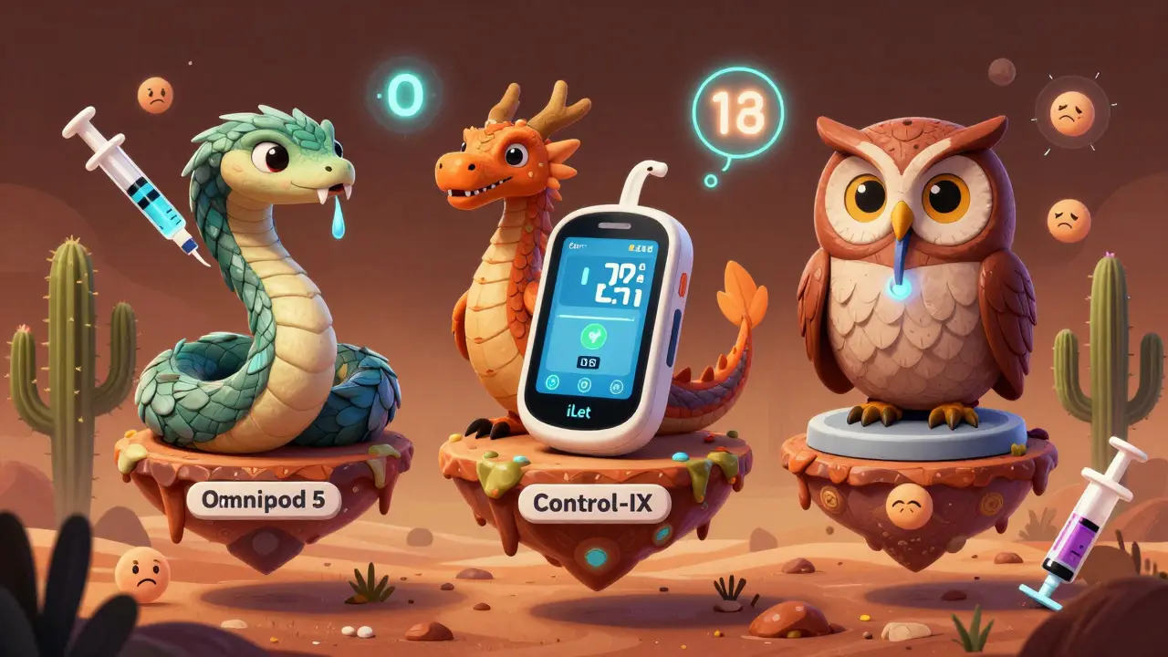 Tre dispositivi a ciclo chiuso rappresentati come creature magiche, ognuna con caratteristiche uniche per gestire il diabete.