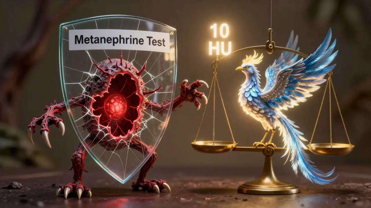 Tumore minaccioso contro una fenice sicura, con un indicatore HU che bilancia rischio e sicurezza.