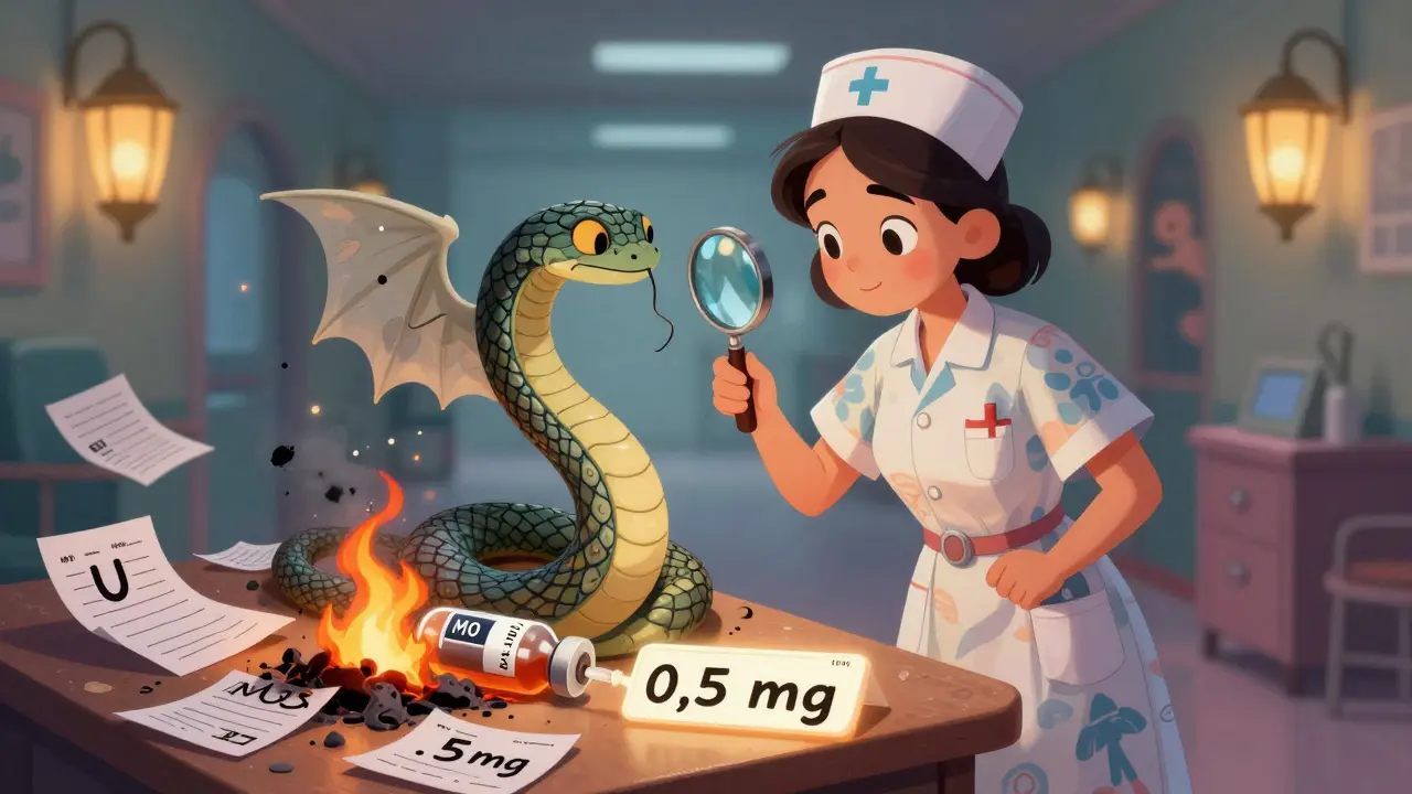 Un'infermiera esamina un'insulina con un serpente magico che protegge l'etichetta corretta '10 unità'.