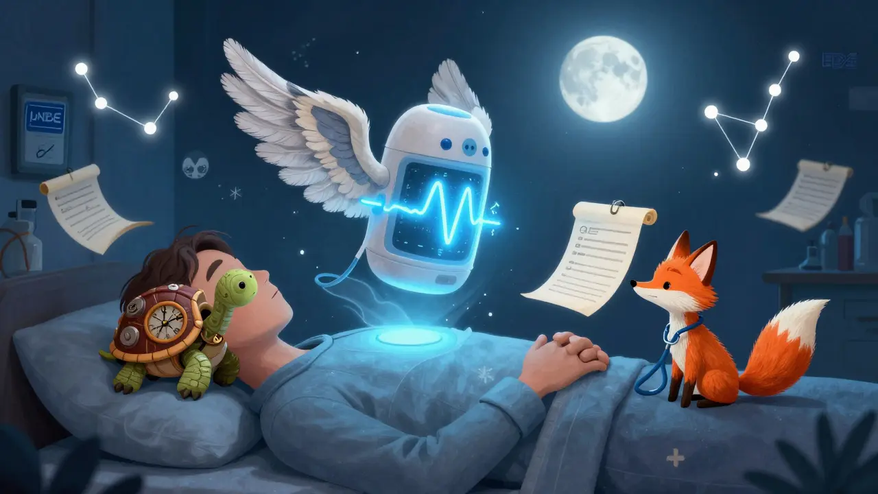 Un dispositivo medico alato viene osservato da creature Alebrije che registrano sintomi sotto la luce della luna.