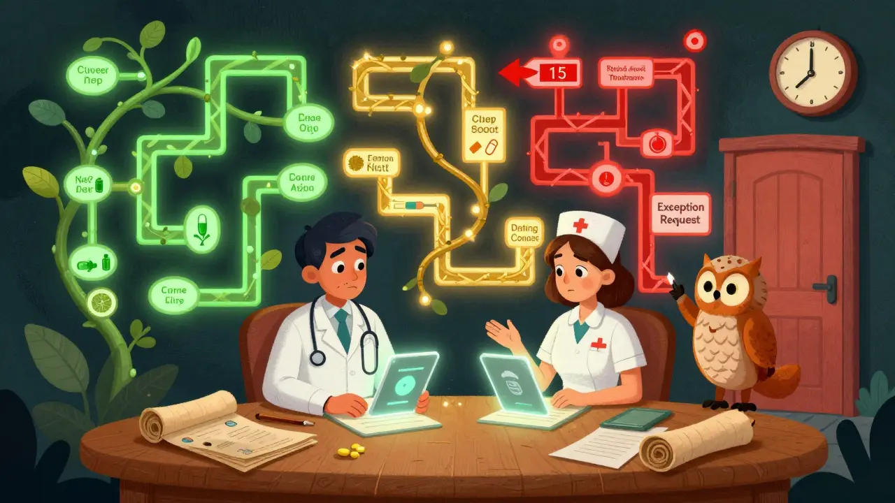 Un medico guida un paziente attraverso un labirinto di formulari farmaceutici in stile Alebrije, con un orologio che segna 15 giorni rimasti.