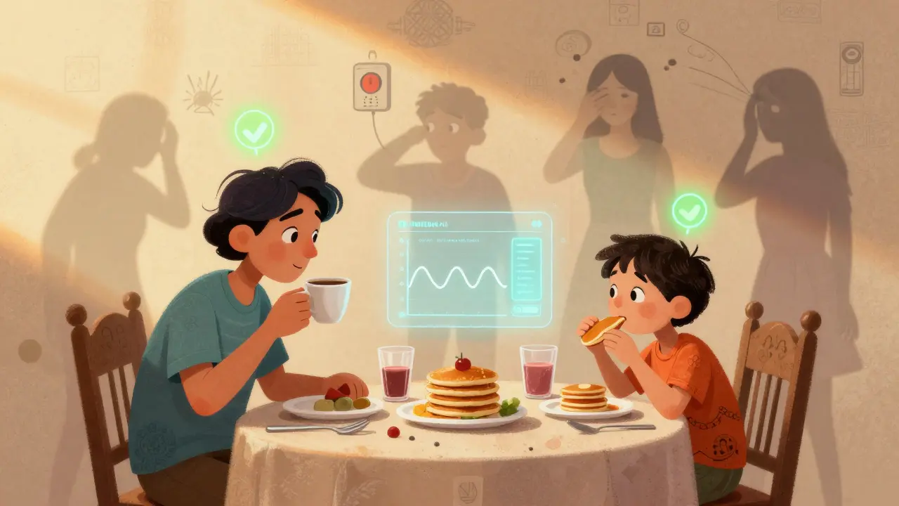 Una famiglia che fa colazione in pace, con indicatori di glicemia stabili che sostituiscono le preoccupazioni passate.
