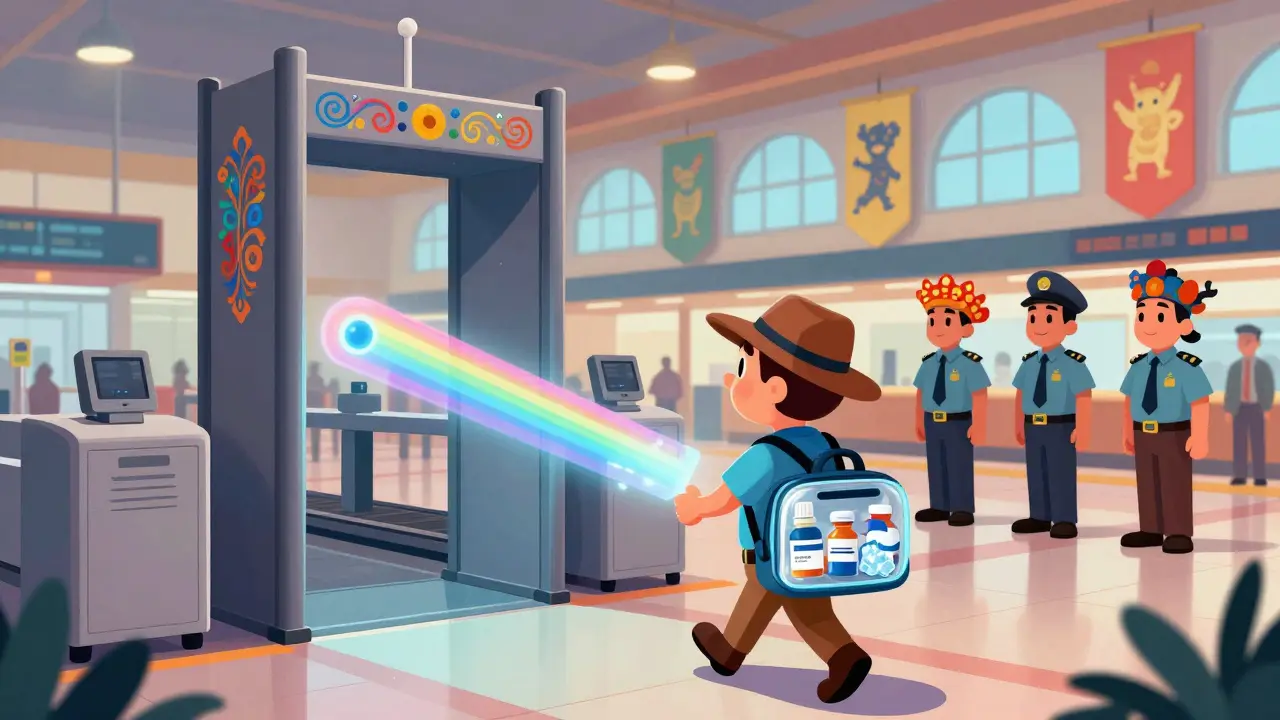 Controllo sicurezza aeroporto con borsa termica per medicinali
