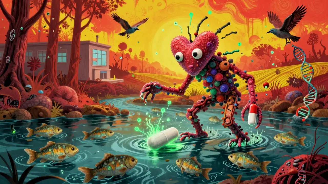 Creatura batterica che inquina un fiume con spore resistenti, stile Alebrije.