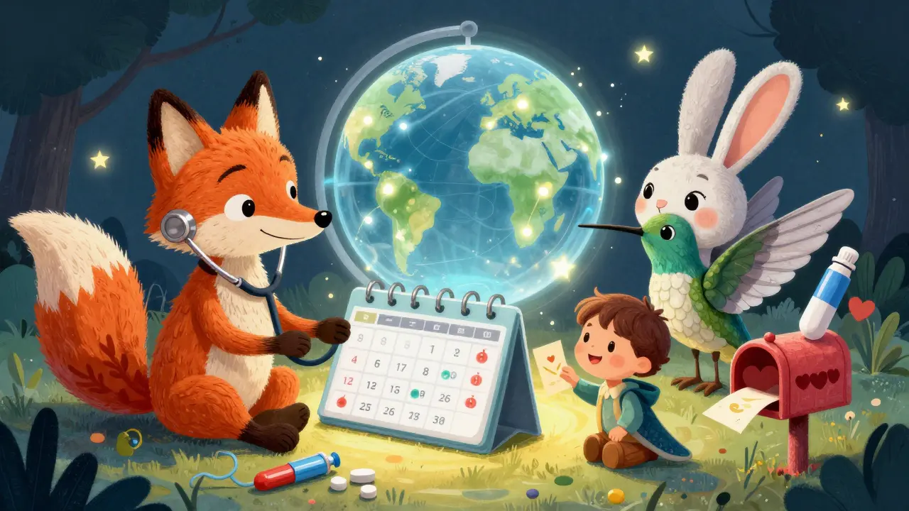 Creature alebrije gestiscono un calendario digitale per la consegna automatica dei farmaci, con un globo luminoso al centro.