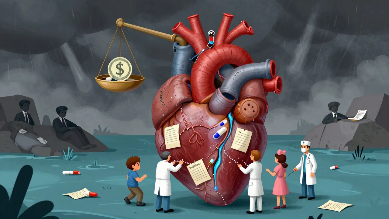 Cuore umano fatto di tubi farmaceutici con un ramo spezzato, persone che cercano di ripararlo mentre regolatori dormono.