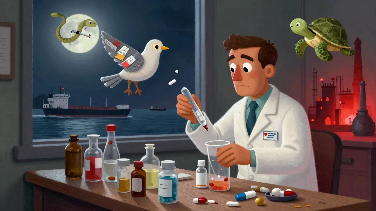 Farmacista americano che mescola farmaci alternativi, circondato da animali spiriti che rappresentano medicinali mancanti.