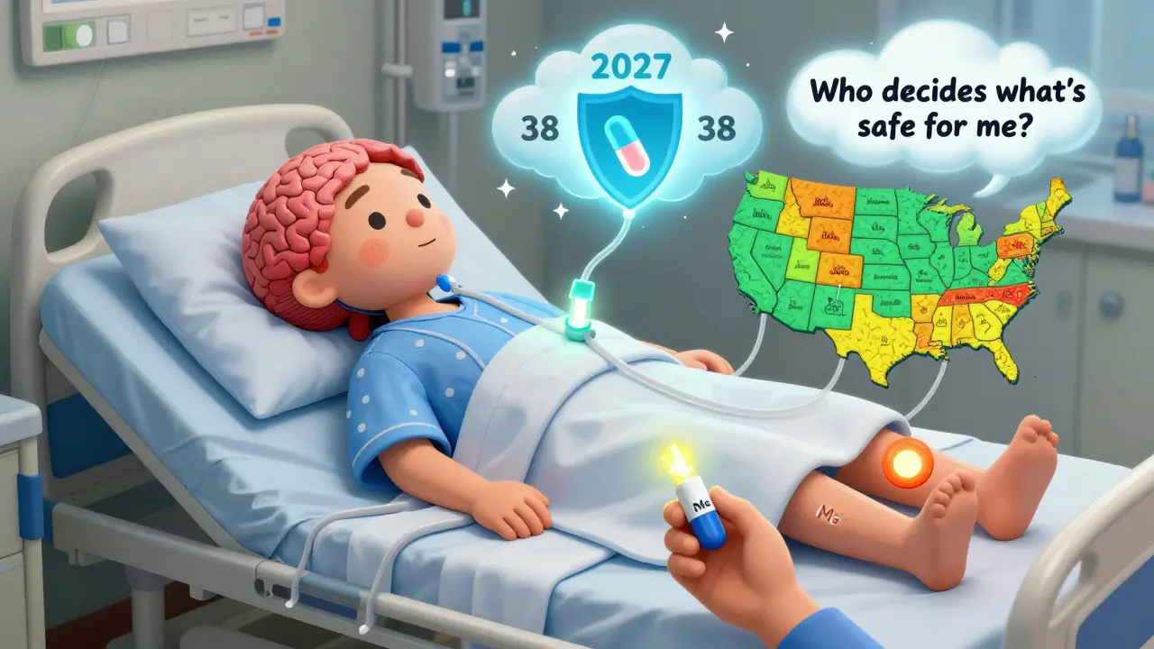 Paziente in letto a forma di cervello con luci colorate dei vari stati, mentre una nuvola prevede l'unificazione delle leggi NTI.