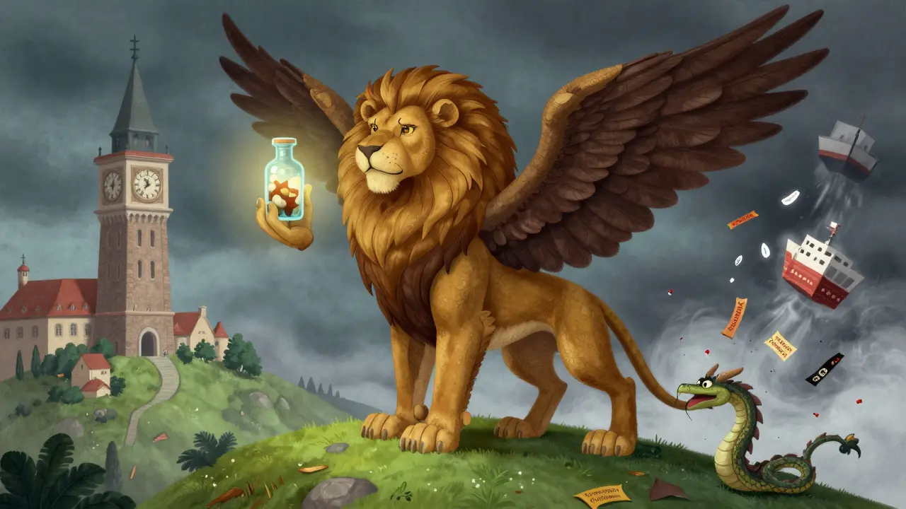 Un alebrije europeo con ali d'aquila e coda a serpente che regge un farmaco perfetto, mentre la produzione estera crolla sotto la tempesta.