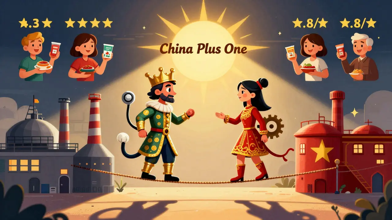 Un alebrije ibrido bilanciato tra fabbriche europea e asiatica, con consumatori che valutano prodotti diversi sotto il sole del 'China Plus One'.