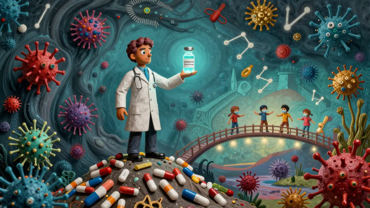 Un medico tiene un antibiotico innovativo mentre superbatteri minacciano il futuro, stile Alebrije.