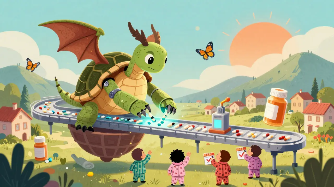 Un robot farmacia con ali di drago che prepara pillole in un magazzino fluttuante, circondato da figure di pazienti.