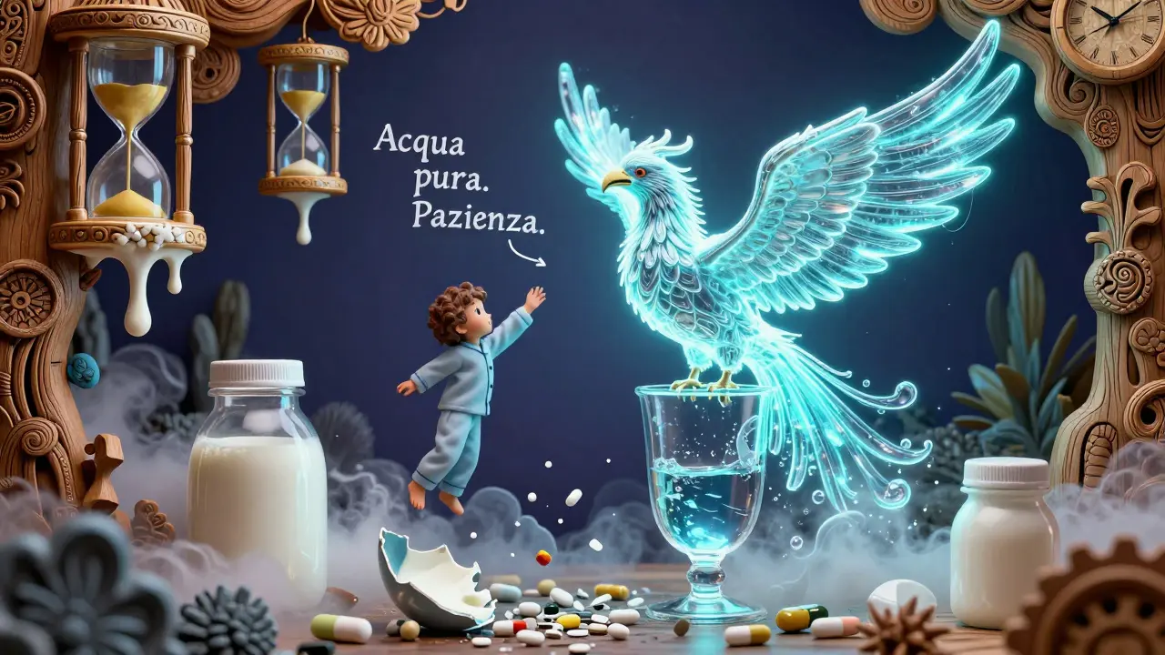 Una fenice d'acqua che sorvola rifiuti di latte e pillole, con istruzioni celesti che invocano pazienza e purezza.