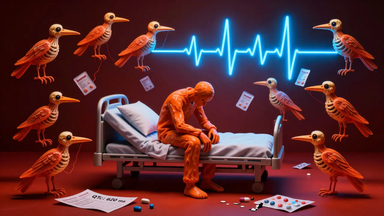 Una persona in ospedale circondata da compresse che diventano uccelli scheletrici con tracciati ECG pericolosi.