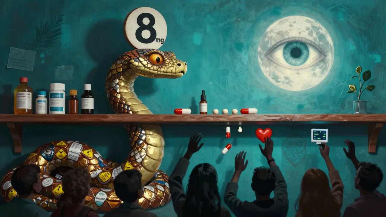 Uno scaffale di farmaci che si trasforma in un serpente con l'etichetta '8 mg', simbolo del rischio nascosto.