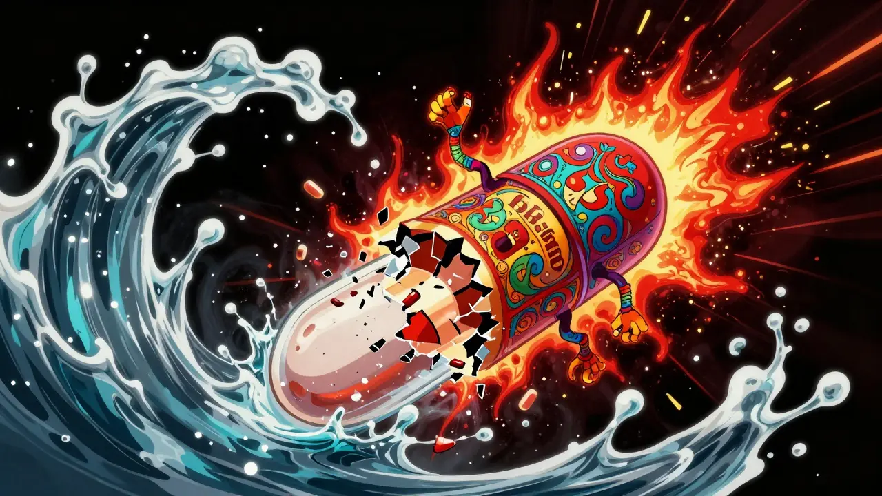 Creatura Alebrije che si frantuma in un'esplosione di colori per rappresentare il dose dumping.