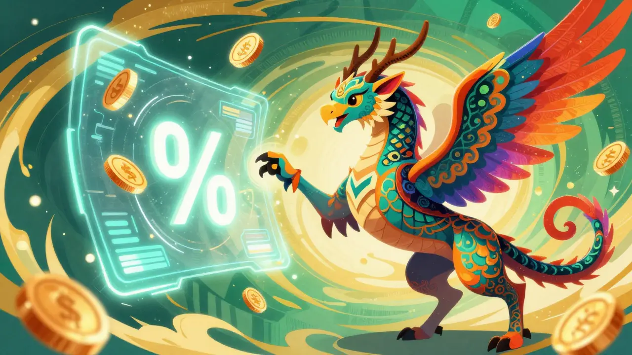 Creatura colorata Alebrije che interagisce con simboli di risparmio e sconti digitali.