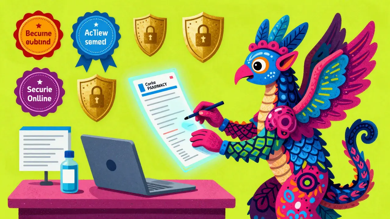 Creatura fantastica Alebrije che esamina una prescrizione medica digitale sicura.