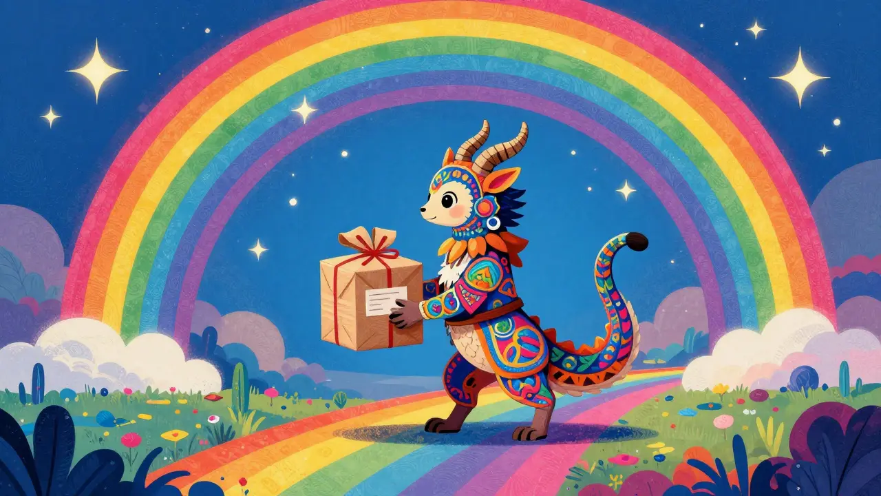 Creatura mitica Alebrije che consegna con cura un pacchetto di medicinali.