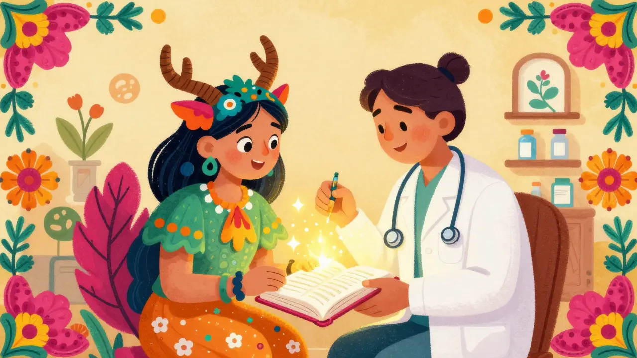 Creature Alebrije che rappresentano paziente e farmacista che collaborano su un diario dei sintomi.