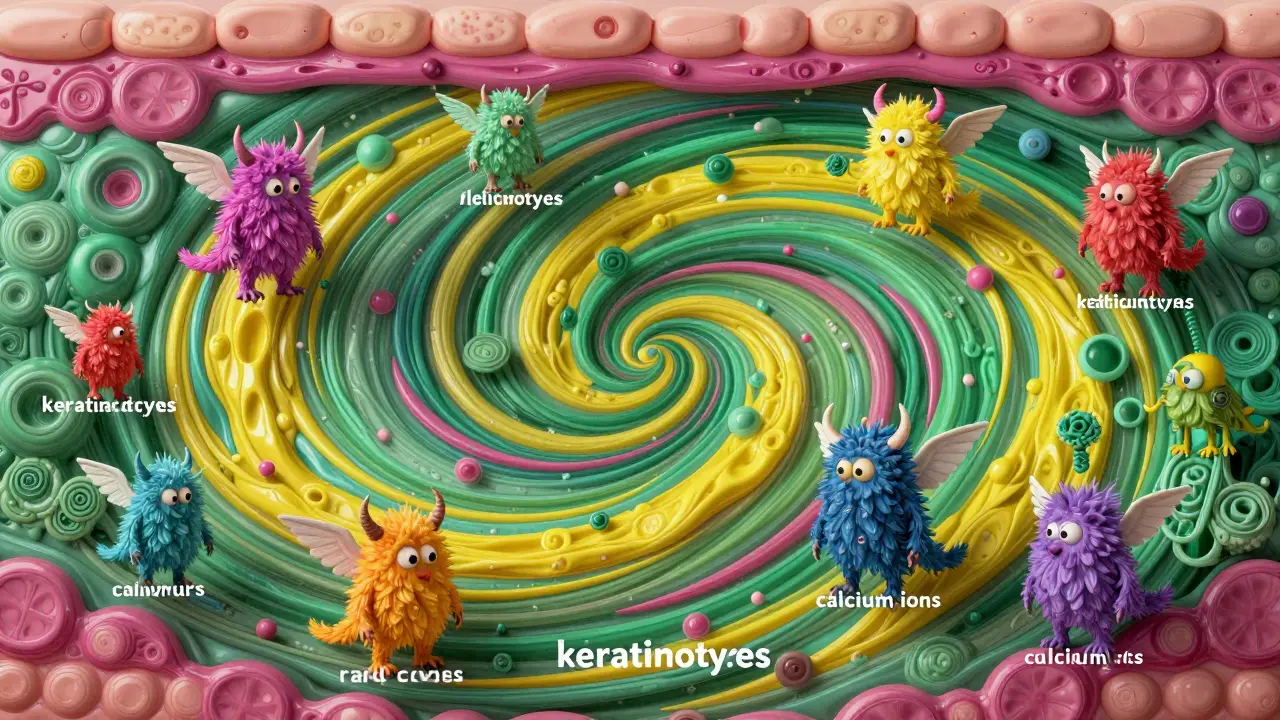 Creature fantastiche colorate in un vortice psichedelico che rappresentano le cellule della pelle.