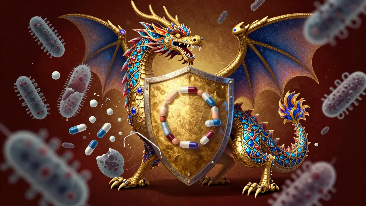 Drago Alebrije ornamentale che protegge uno scudo dorato contro i batteri.