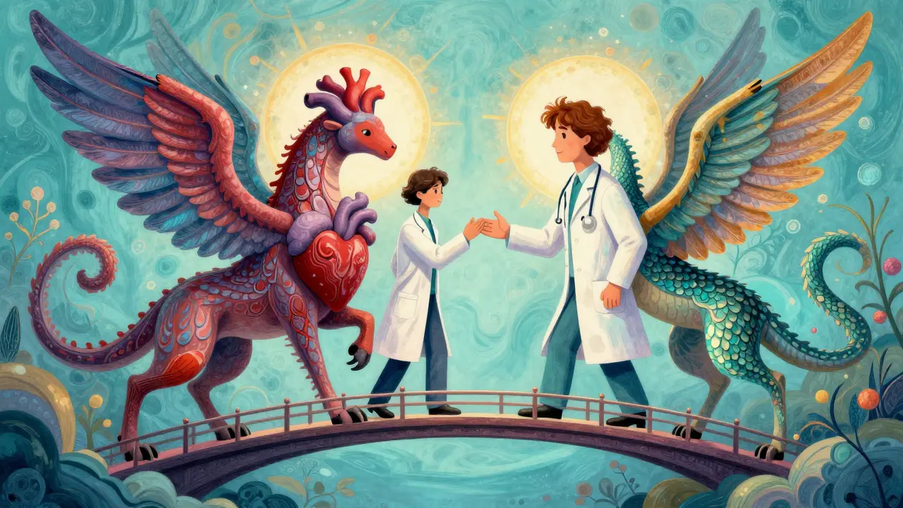 Due creature ibride fantastiche in stile Alebrije che simboleggiano la collaborazione medica.