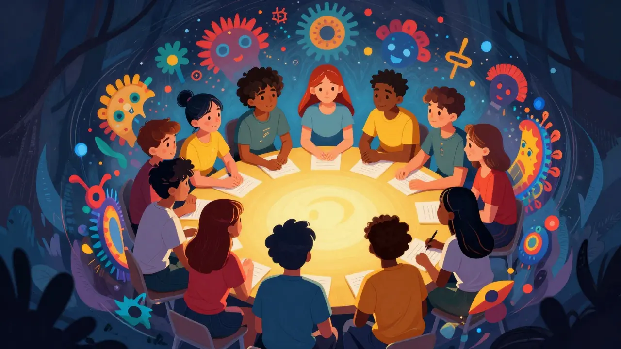 Gruppo di adolescenti protetti da un'aura colorata contro la pressione dei pari in stile Alebrije.