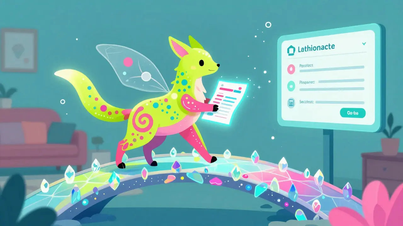 Guida spirituale colorata che trasporta una ricetta digitale su un ponte iridescente.