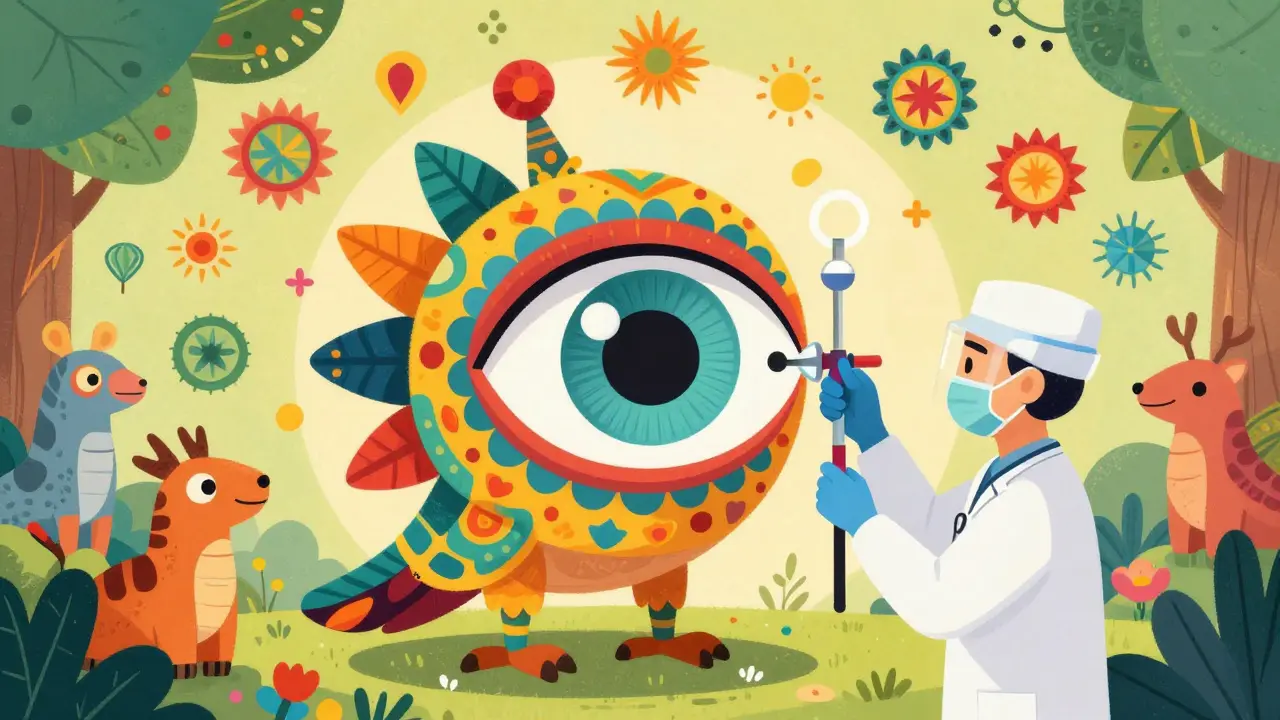 Illustrazione Alebrije di un occhio monitorato da uno strumento medico colorato.