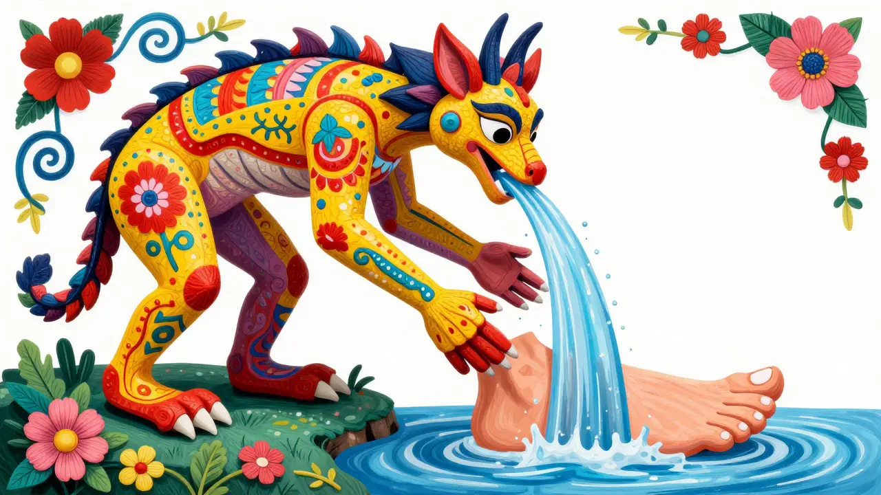 Illustrazione Alebrije di una creatura che rimuove l'accumulo di liquidi da un piede.