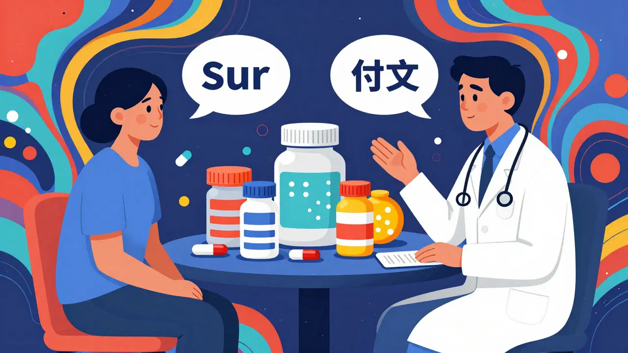 Medico e paziente che discutono della terapia tra colori e pattern vivaci.