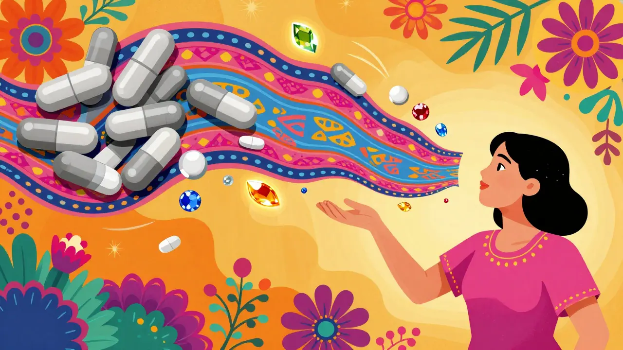 Persona che si libera di farmaci superflui in un ambiente surrealista e colorato.