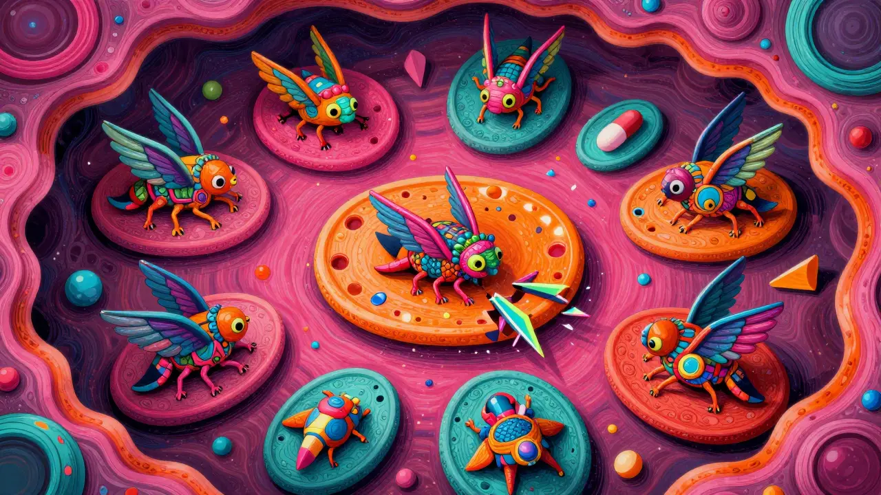 Piastrine fantastiche e frammentate in stile Alebrije che illustrano la difficoltà di coagulazione del sangue.