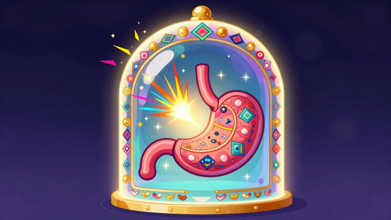 Stomaco protetto da una cupola luminosa e colorata in stile Alebrije che rappresenta l'effetto dei PPI.