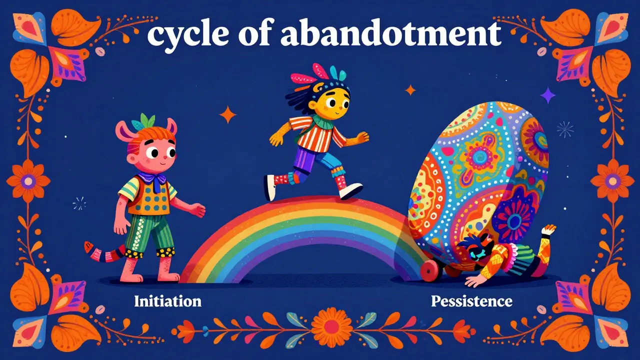 Tre creature Alebrije che rappresentano le fasi dell'abbandono della cura su un sentiero arcobaleno.