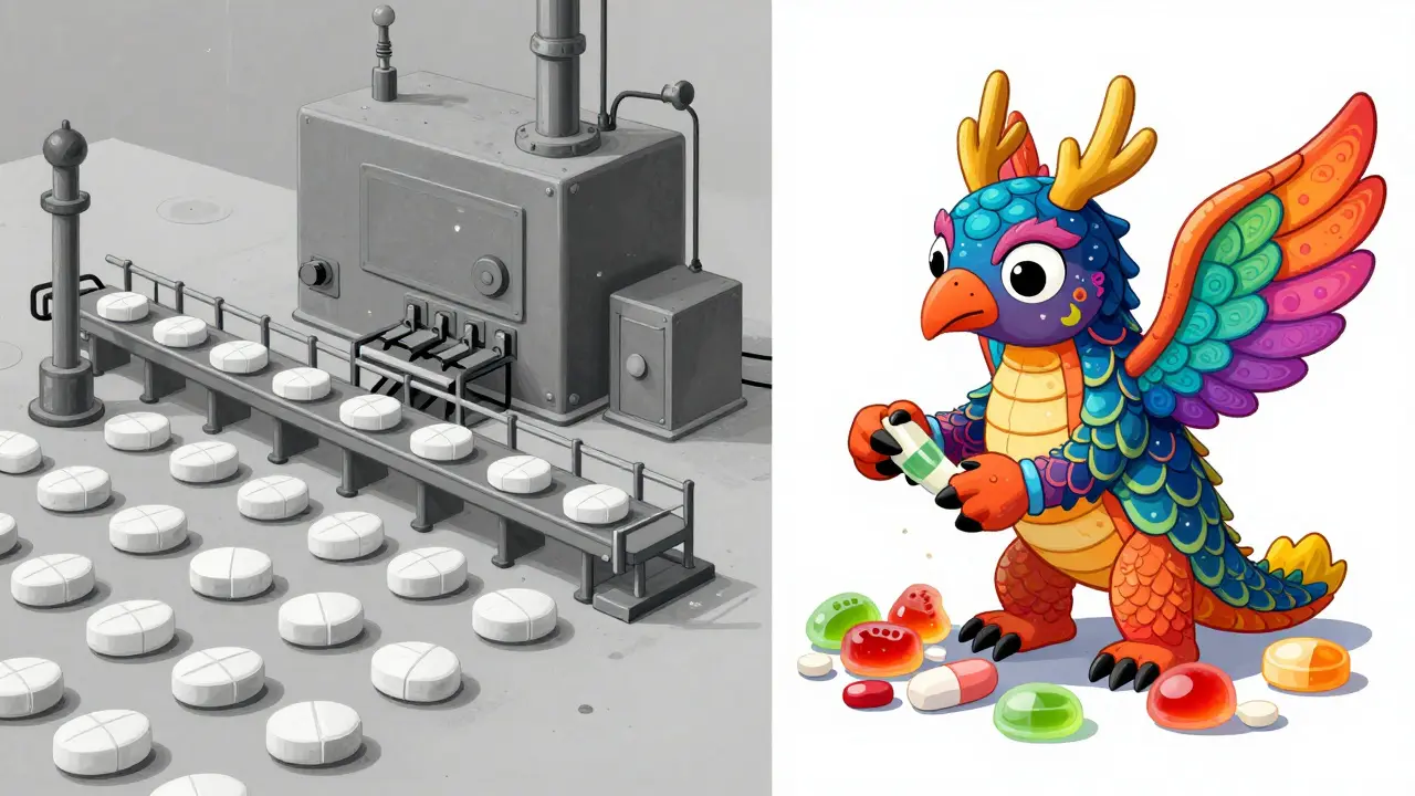 Alebrije che crea farmaci personalizzati in contrasto con la produzione di massa grigia.