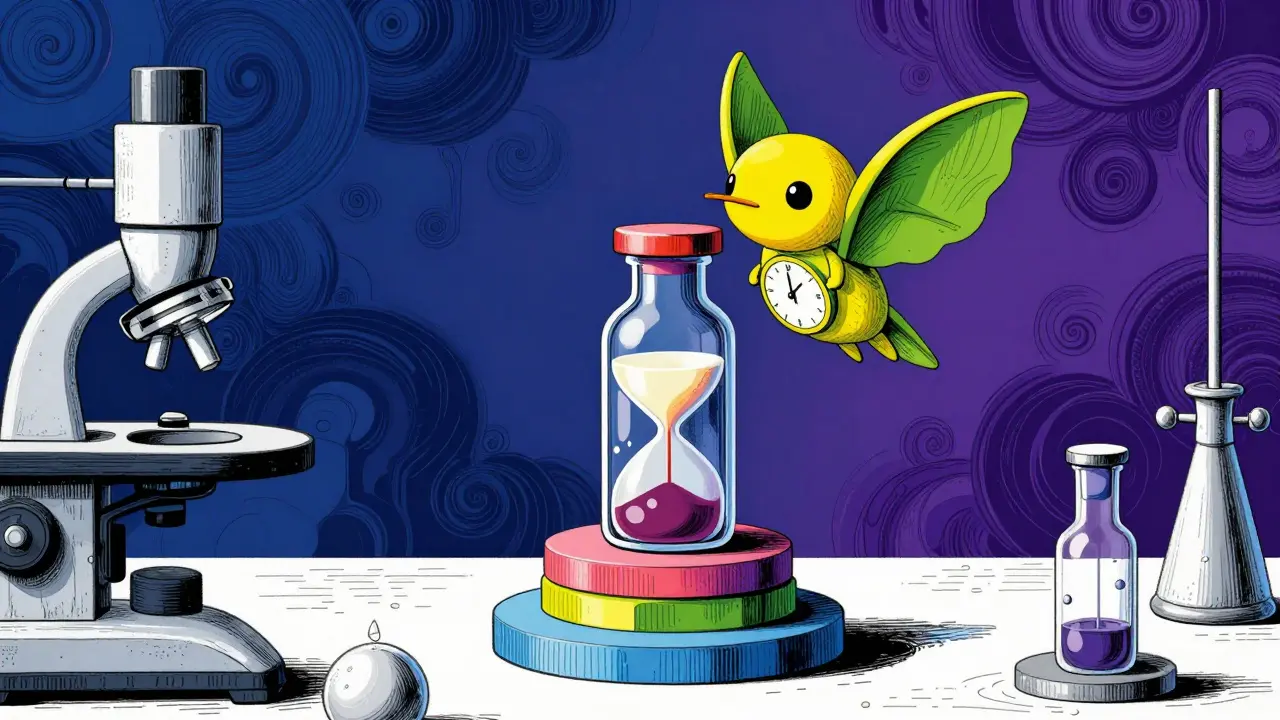 Fiala di sangue con creatura Alebrije orologio su sfondo astratto blu