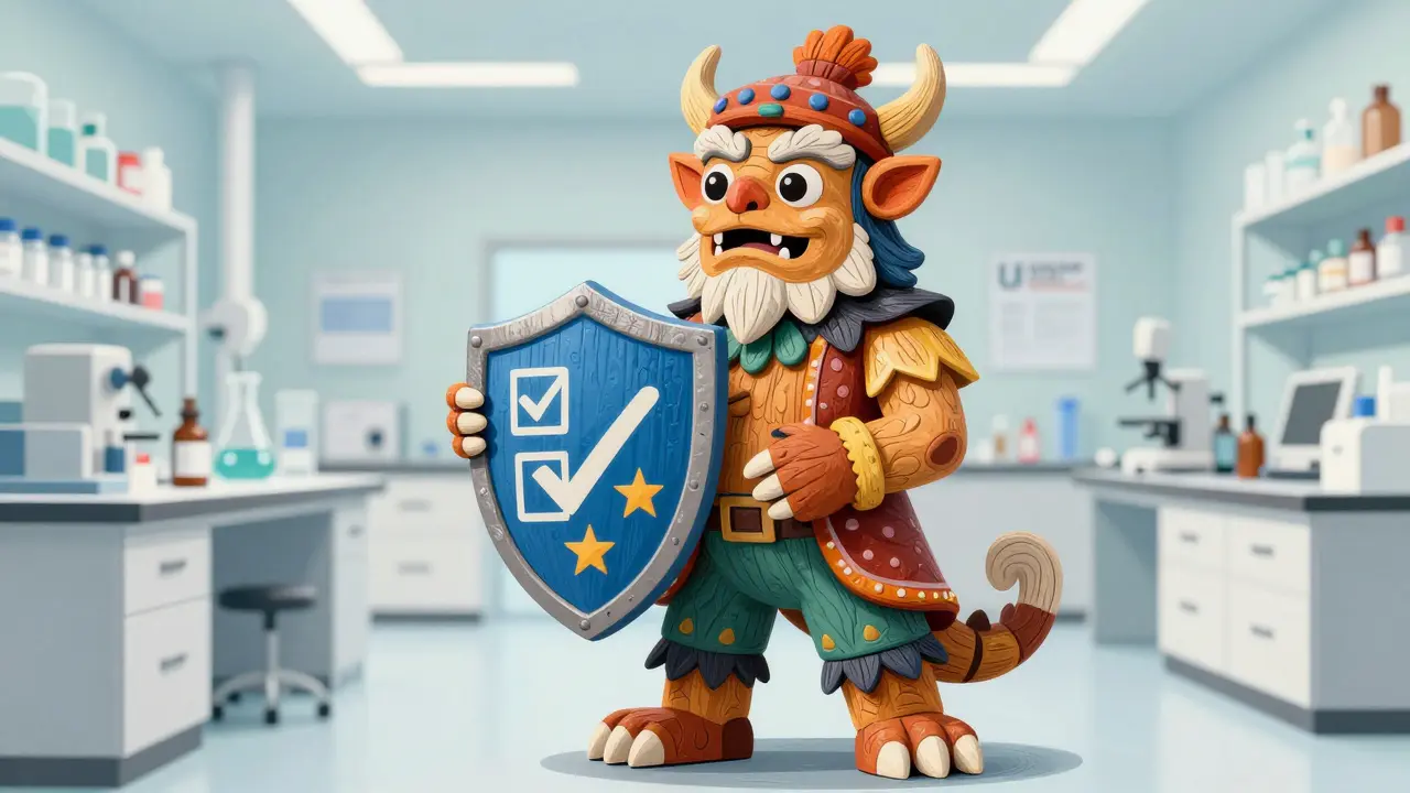 Guardiano alebrije che protegge gli standard di sicurezza in un laboratorio di compounding.