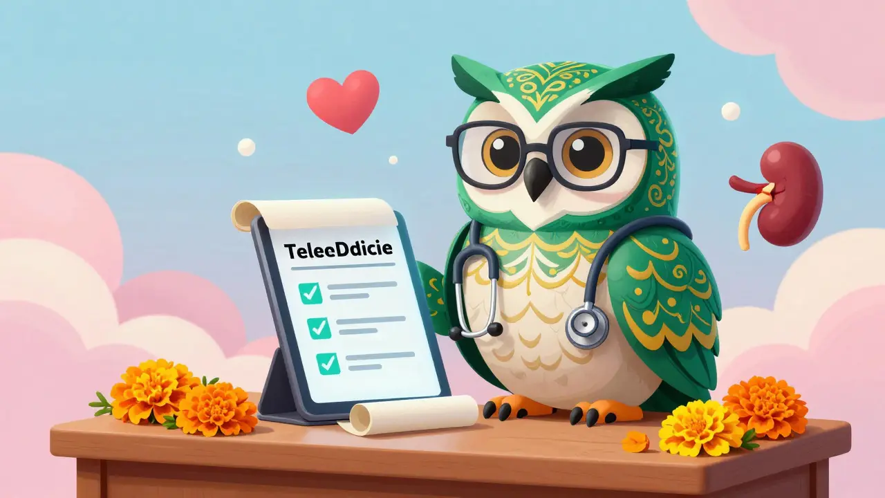 Illustrazione Alebrije: gufo saggio che verifica una ricetta digitale per la sicurezza del paziente
