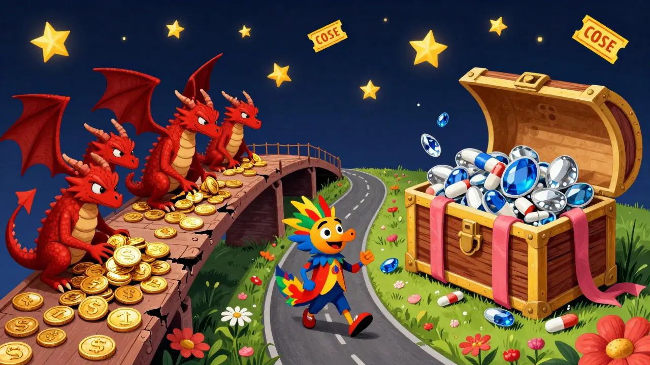 Illustrazione Alebrije: percorso verso farmaci generici economici guidato da un spirito colorato